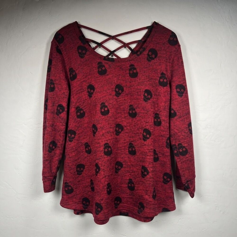 Grunge Y2K Skull Print Cross-Strap Top Size XXL Red Black Gothic Pullover